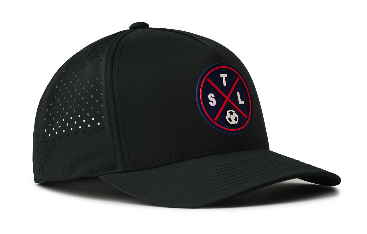 black performance 5-panel hat viewed from the right side, showcasing a bold red and blue pvc patch prominently displayed on the front