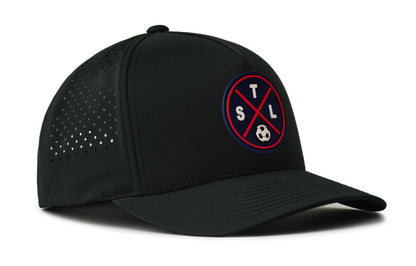 black performance 5-panel hat viewed from the right side, showcasing a bold red and blue pvc patch prominently displayed on the front