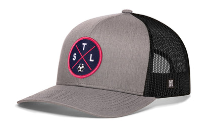 St. Louis Soccer Trucker Hat, gray-black snapback showing Haka brandmark on left side of cap.