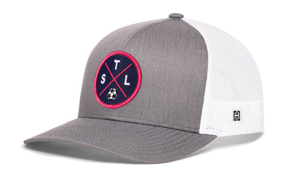St. Louis Soccer Trucker Hat, gray-white snapback showing Haka brandmark on left side of cap.
