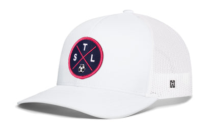 St. Louis Soccer Trucker Hat, white snapback showing Haka brandmark on left side of cap.