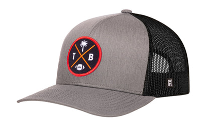 Tampa Bay Football Trucker Hat, gray-black snapback showing Haka brandmark on left side of cap.