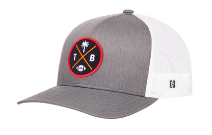Tampa Bay Football Trucker Hat, gray-white snapback showing Haka brandmark on left side of cap.