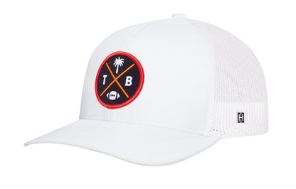 Tampa Bay Football Trucker Hat, white snapback showing Haka brandmark on left side of cap.