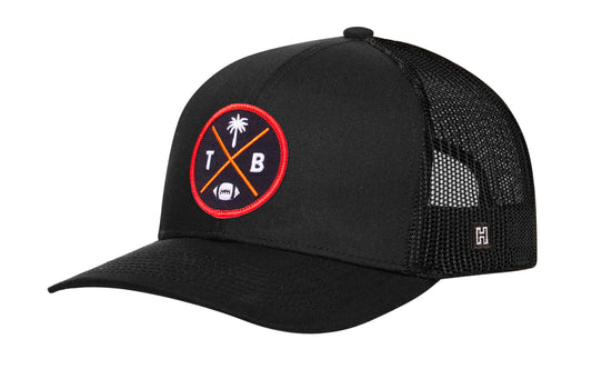 Tampa Bay Football Trucker Hat, black snapback showing Haka brandmark on left side of cap.