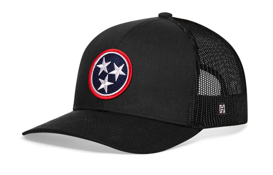 Tennessee Flag Trucker Hat, black snapback showing Haka brandmark on left side of cap.
