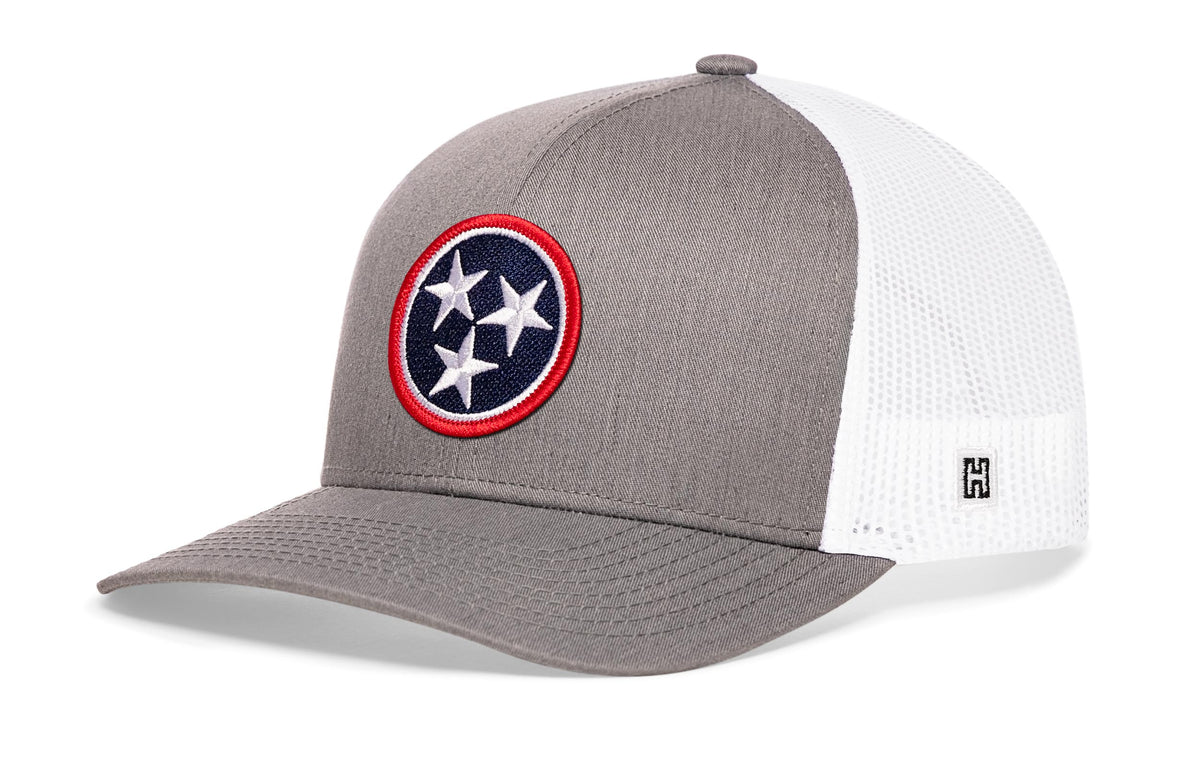 Tennessee Flag Trucker Hat, gray-white snapback showing Haka brandmark on left side of cap.