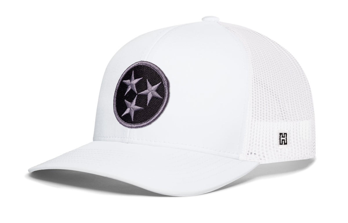 Tennessee Flag Trucker Hat, white snapback showing Haka brandmark on left side of cap.