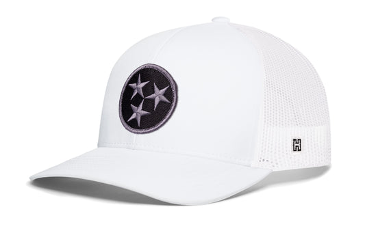 Tennessee Flag Trucker Hat, white snapback showing Haka brandmark on left side of cap.