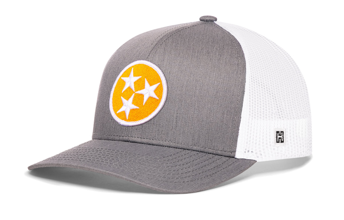 Tennessee Flag Trucker Hat, gray-white snapback showing Haka brandmark on left side of cap.