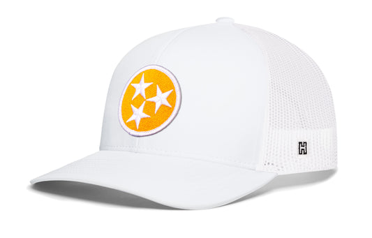 Tennessee Flag Trucker Hat, white snapback showing Haka brandmark on left side of cap.