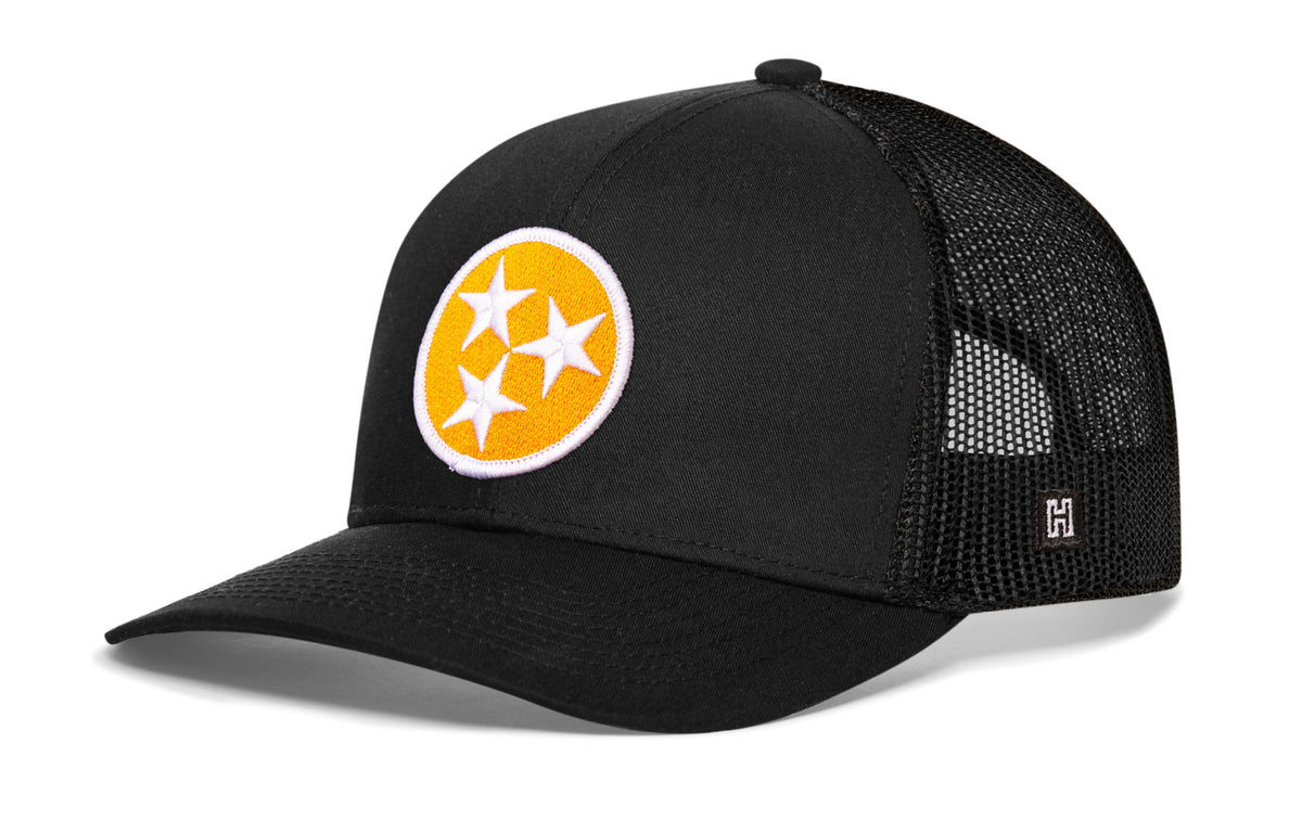 Tennessee Flag Trucker Hat, black snapback showing Haka brandmark on left side of cap.