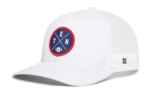 Tennessee Football Trucker Hat, white snapback showing Haka brandmark on left side of cap.