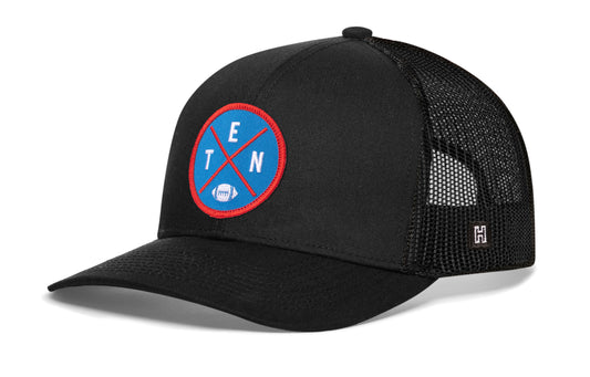 Tennessee Football Trucker Hat, black snapback showing Haka brandmark on left side of cap.