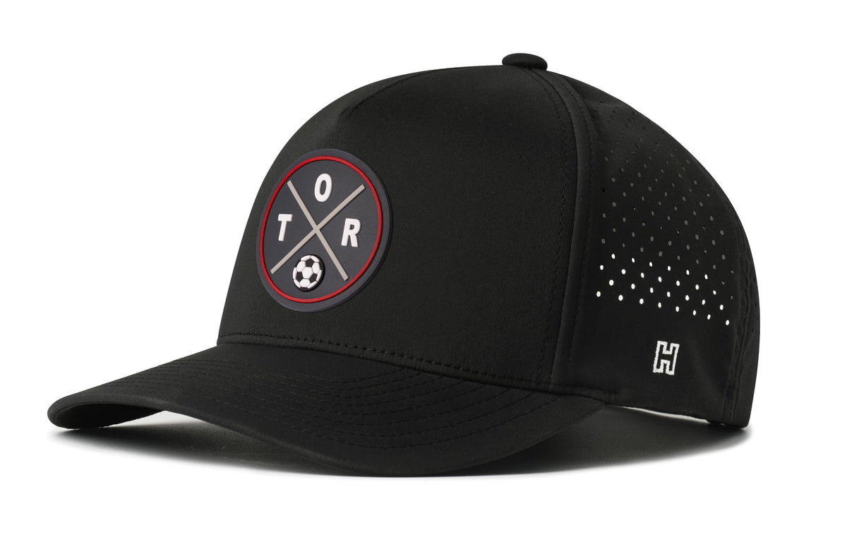 Toronto Soccer Performance 5-Panel Hat, black snapback showing Haka brandmark on left side of cap.