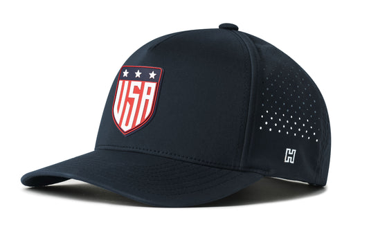 USA Shield Performance 5-Panel Hat, white snapback showing Haka brandmark on left side of cap.