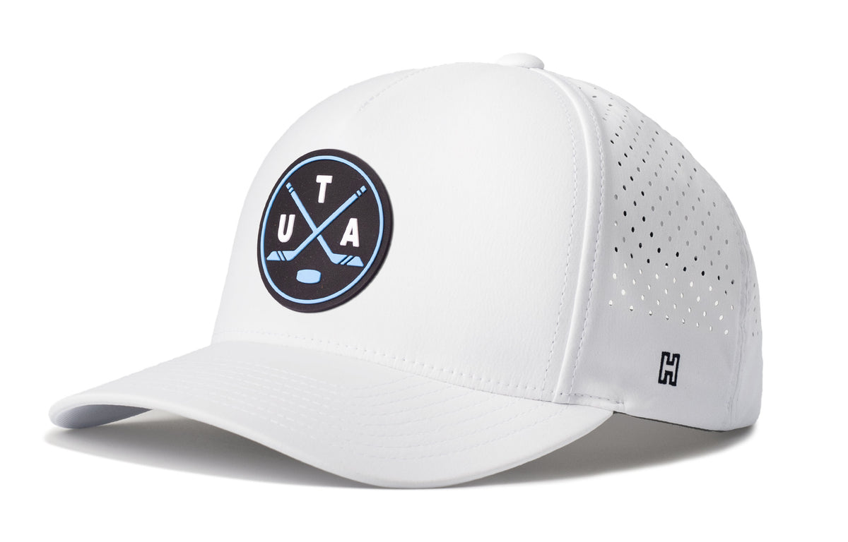 Utah Hockey Performance 5-Panel Hat, white snapback showing Haka brandmark on left side of cap.