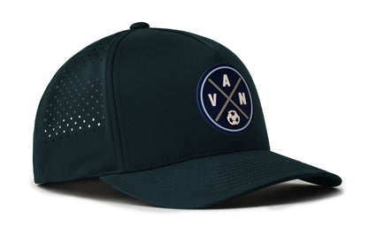 Vancouver Soccer Performance 5-Panel Hat, navy snapback showing Haka brandmark on left side of cap.