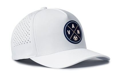 white performance 5-panel hat viewed from the right side, showcasing a bold blue and white pvc patch prominently displayed on the front
