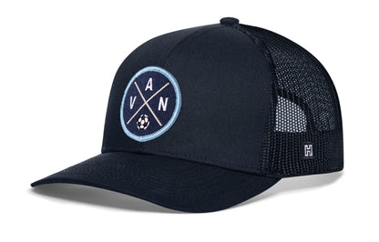 Vancouver Soccer Trucker Hat, navy snapback showing Haka brandmark on left side of cap.