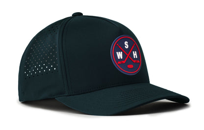 navy performance 5-panel hat viewed from the right side, showcasing a bold navy and red pvc patch prominently displayed on the front