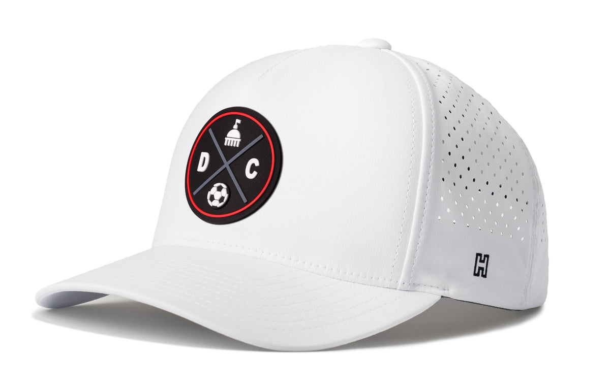 Washington DC Soccer Performance 5-Panel Hat, white snapback showing Haka brandmark on left side of cap.