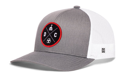 Washington DC Soccer Trucker Hat, gray-white snapback showing Haka brandmark on left side of cap.