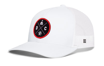 Washington DC Soccer Trucker Hat, white snapback showing Haka brandmark on left side of cap.