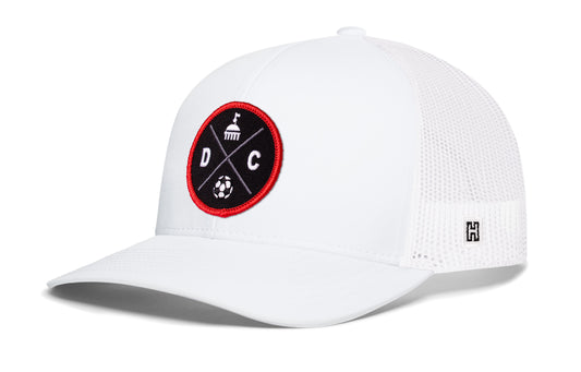 Washington DC Soccer Trucker Hat, white snapback showing Haka brandmark on left side of cap.