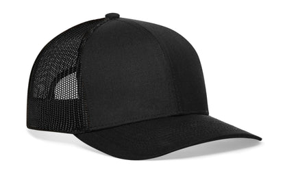 Black trucker hat viewed from the right side, showcasing a n/a, Blank Black Hat prominently displayed on the front