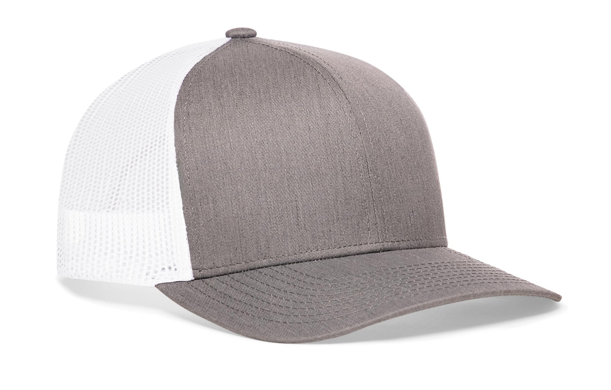 Gray-White trucker hat viewed from the right side, showcasing a n/a, Blank Gray White Hat prominently displayed on the front