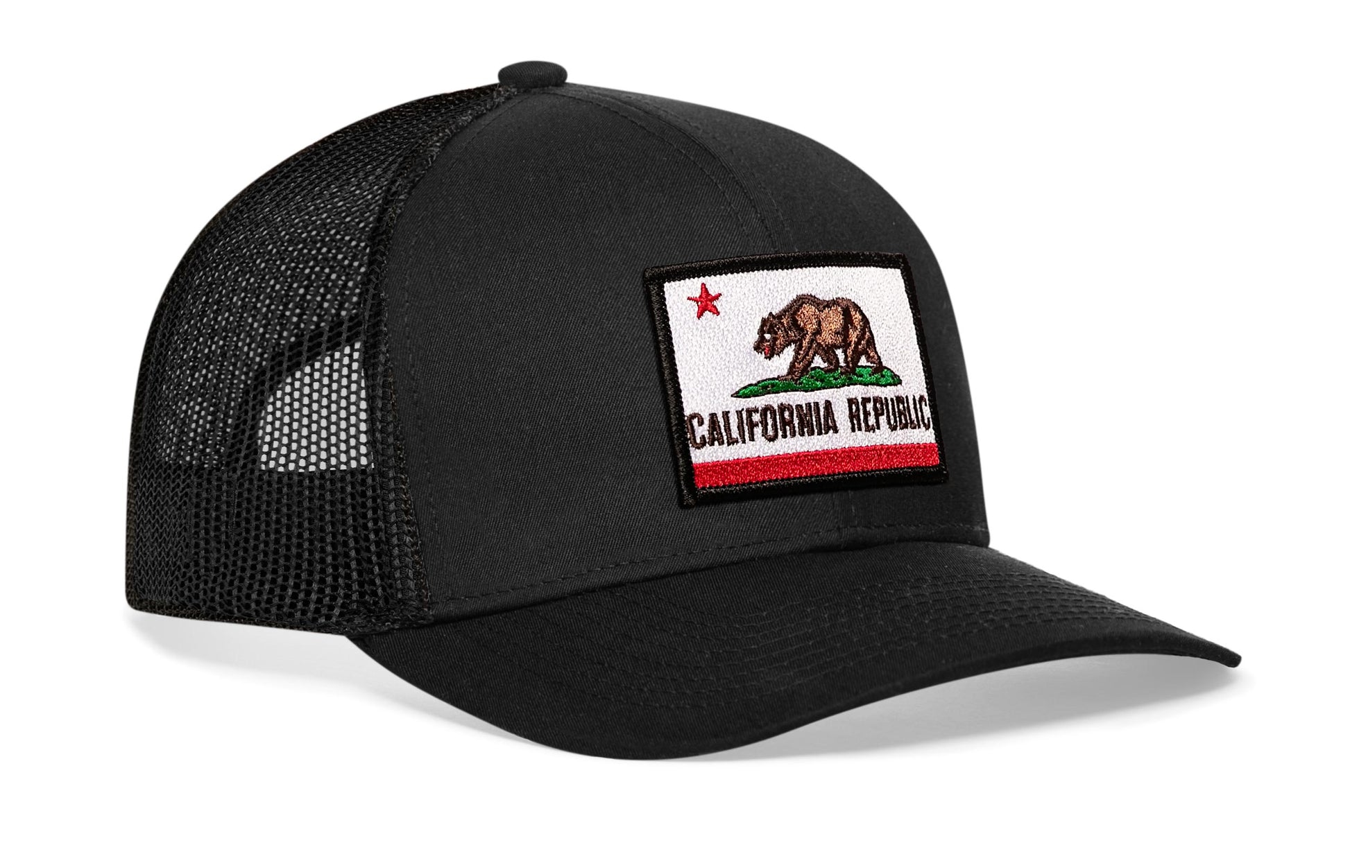 Black trucker hat viewed from the right side, showcasing a California Flag Embroidered Rectangle Patch prominently displayed on the front