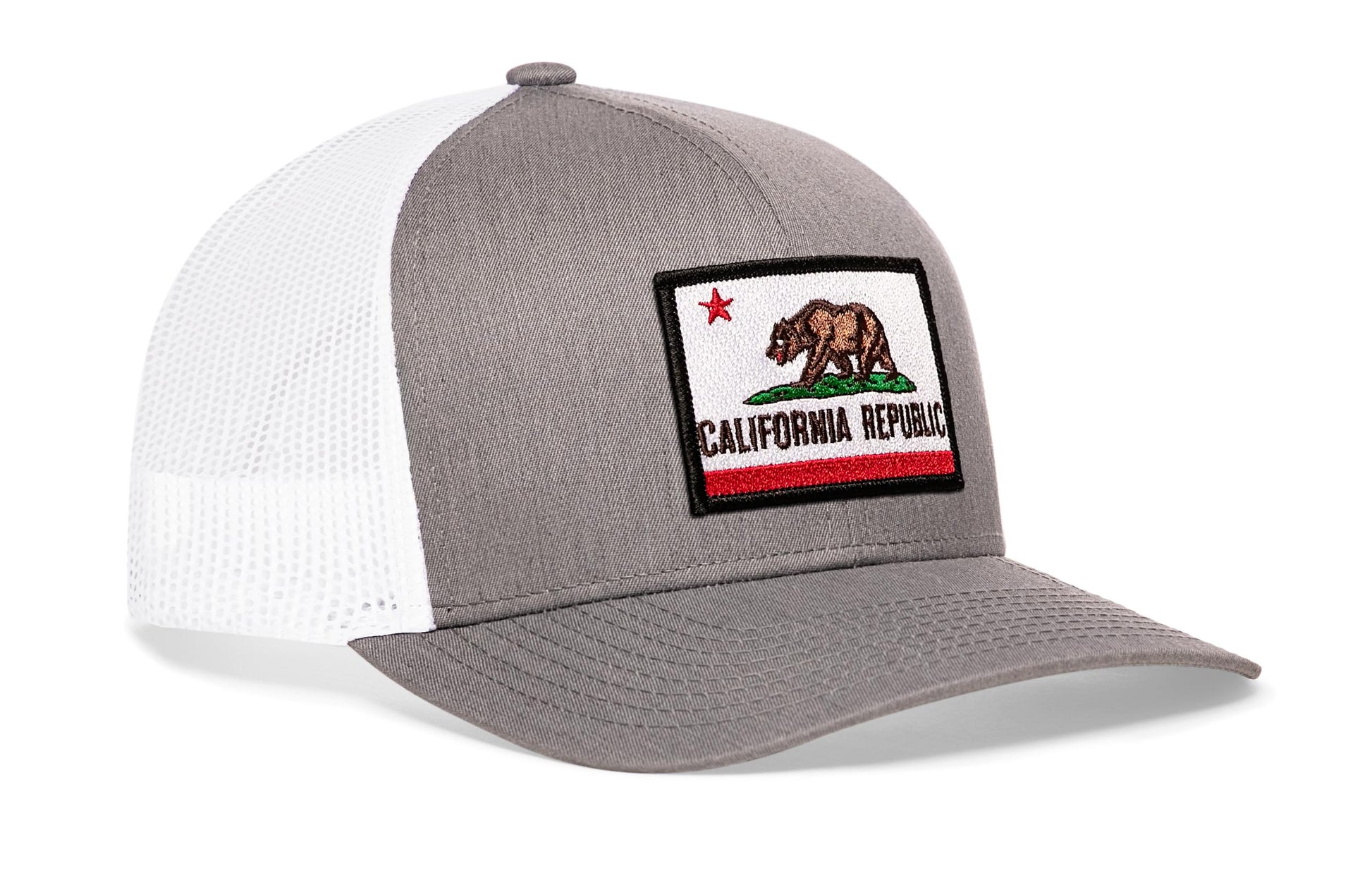 Gray-White trucker hat viewed from the right side, showcasing a California Flag Embroidered Rectangle Patch prominently displayed on the front