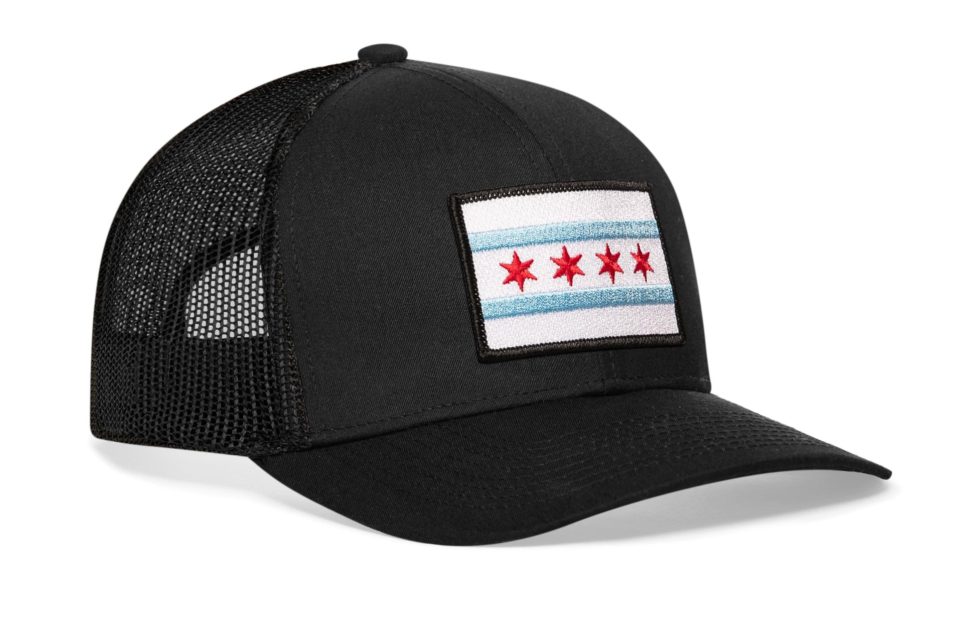Black trucker hat viewed from the right side, showcasing a Chicago Flag Embroidered Rectangle Patch prominently displayed on the front