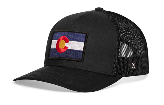 Haka Colorado Flag Trucker Hat, Black snapback, fans of The Rocky Mountains. The Centennial State