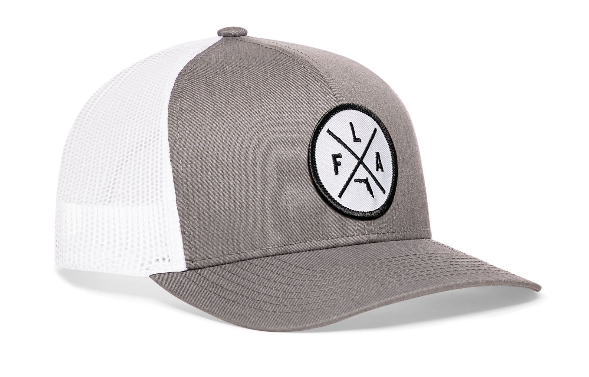 Gray-White trucker hat viewed from the right side, showcasing a Florida FLA X Embroidered White Circle Patch prominently displayed on the front
