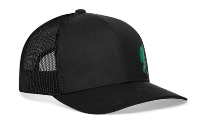 Black trucker hat viewed from the right side, showcasing a Green Bigfoot Black Sasquatch Flat Embroidery prominently displayed on the front