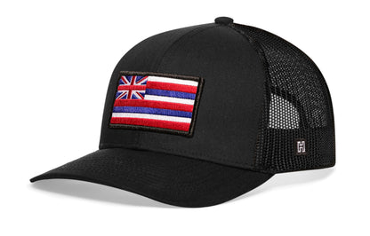 Haka Hawaii Flag Trucker Hat, Black snapback, fans of The Aloha State. Paradise of the Pacific.