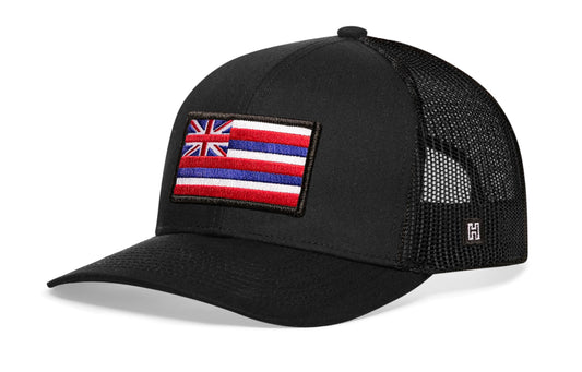 Haka Hawaii Flag Trucker Hat, Black snapback, fans of The Aloha State. Paradise of the Pacific.