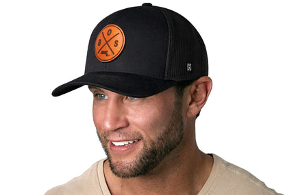 Boston Trucker Hat Leather  |  Black BOS Snapback