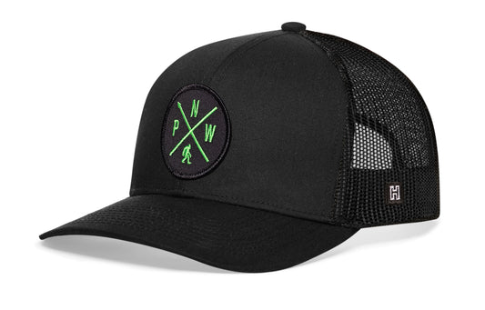 Haka PNW Bigfoot Trucker Hat, Black snapback for fans of the Pacific North West. Big Foot.