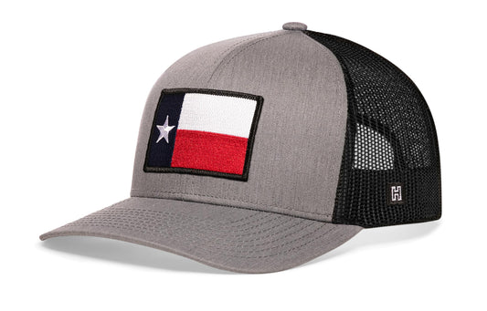 Haka Texas Flag Trucker Hat, Gray-Black snapback for fans of Texas. The Friendly State.