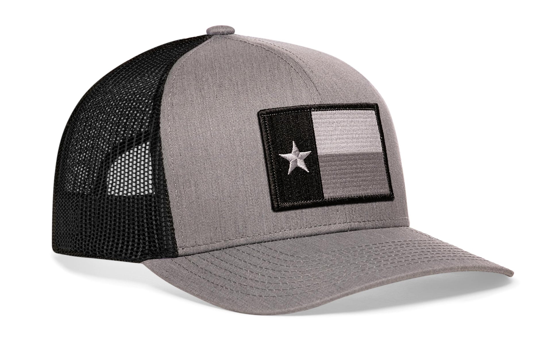 Gray-Black trucker hat viewed from the right side, showcasing a Texas Gray-Black TX Tactical Embroidered Flag Patch prominently displayed on the front