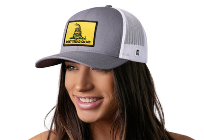 Dont Tread on Me Trucker Hat  |  Gray White Gadsden Flag Snapback