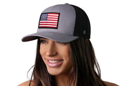 American Flag Trucker Hat  |  Gray Black USA Snapback