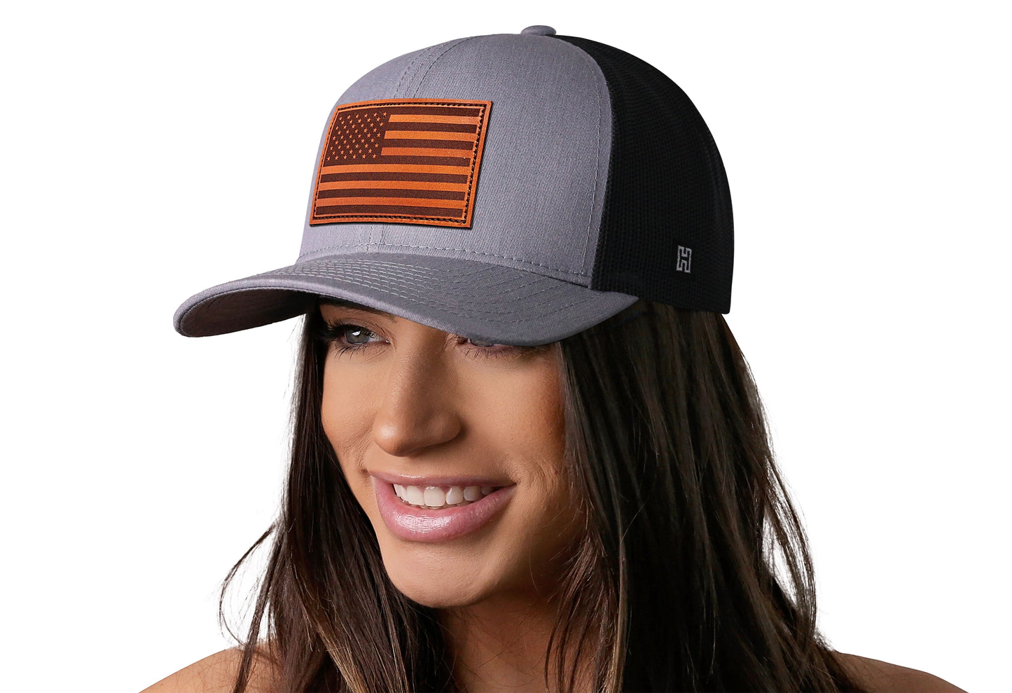 American Flag Trucker Hat Leather  |  Gray Black USA Snapback