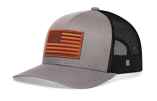 American Flag Trucker Hat Leather  |  Gray Black USA Snapback