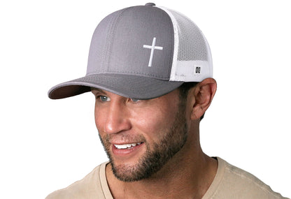 Cross Trucker Hat  |  Gray White Christian Snapback