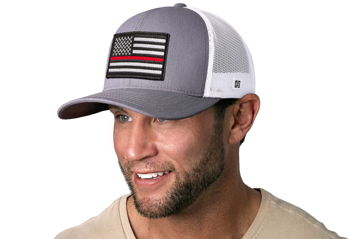 Thin Red Line Trucker Hat  |  Gray White Fire Snapback