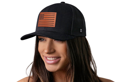 Betsy Ross Flag Trucker Hat Leather |  Black USA Snapback